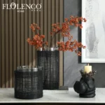 Flolenco Modern Luxury Black Wire Mesh Glass Vase Metal Frame and Glass Cylinder High Size Flower Vases for Home Floral Decor