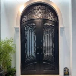 Outdoor Courtyard Classic Black Wrought Iron Door With Sidelights And Transom Wrought Iron Back Yard Glass Gate