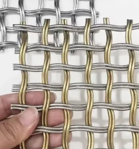Two Tone Polished Brass & Stainless Steel Crimped Woven Architectural Mesh Durable Decorative Metal Screen For Commercial Wall