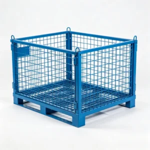 Wire Mesh Steel Logistics Storage Bin Visible Goods Stackable Blue Powder Coated Warehouse Factory Metal Pallet Box